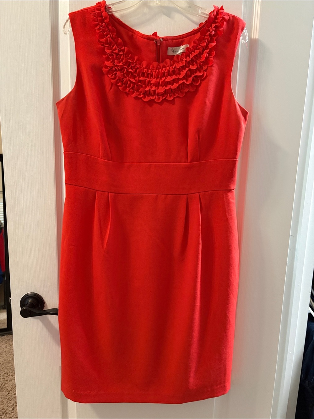 Dress Barn Red Sleeveless Sheath Dress with Ruffle Collar